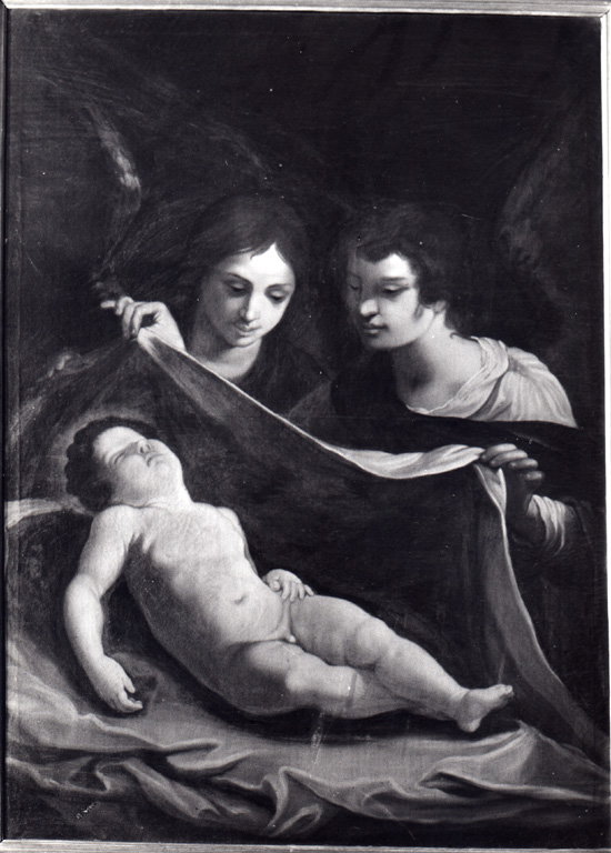 Due angeli che vegliano Ges&ugrave; Bambino (dipinto) - ambito romano (prima met